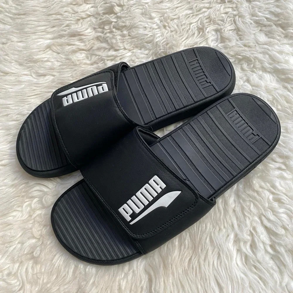 PUMA BLACK COOL CAT HOOK AND LOOP SLIDES SANDALS